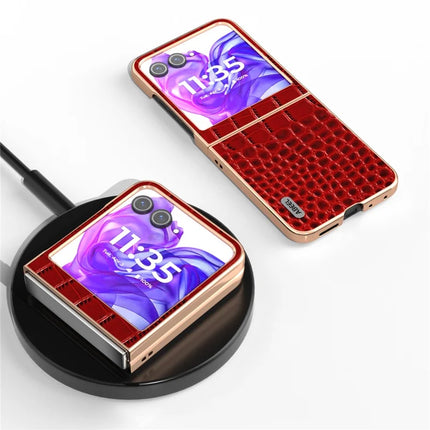 ABEEL For Motorola Razr 50 5G Case Electroplating Edge Crocodile Texture Genuine Cow Leather Back Cover
