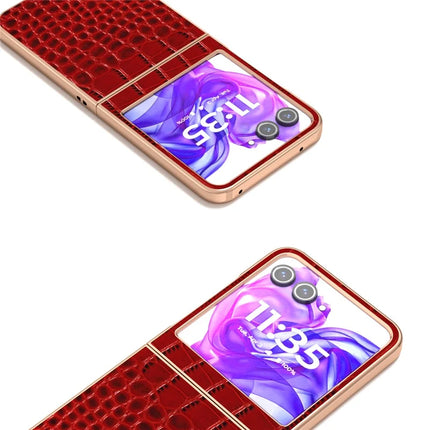ABEEL For Motorola Razr 50 5G Case Electroplating Edge Crocodile Texture Genuine Cow Leather Back Cover