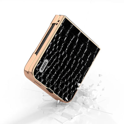ABEEL For Motorola Razr 50 5G Case Electroplating Edge Crocodile Texture Genuine Cow Leather Back Cover
