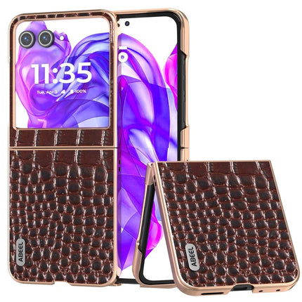ABEEL For Motorola Razr 50 5G Case Electroplating Edge Crocodile Texture Genuine Cow Leather Back Cover - Coffee