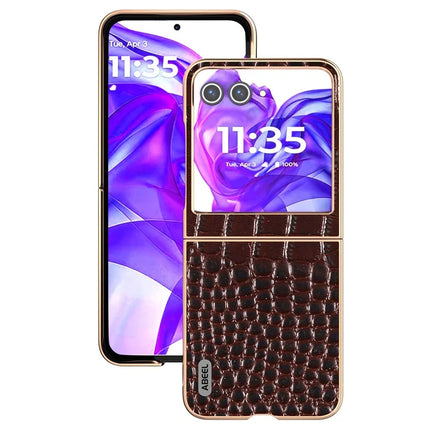 ABEEL For Motorola Razr 50 5G Case Electroplating Edge Crocodile Texture Genuine Cow Leather Back Cover