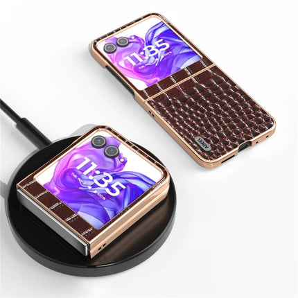 ABEEL For Motorola Razr 50 5G Case Electroplating Edge Crocodile Texture Genuine Cow Leather Back Cover