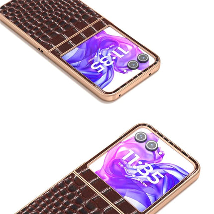ABEEL For Motorola Razr 50 5G Case Electroplating Edge Crocodile Texture Genuine Cow Leather Back Cover