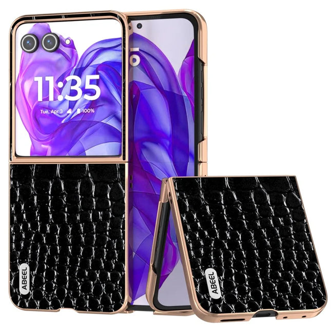 ABEEL For Motorola Razr 50 Ultra 5G Case Electroplating Edge Crocodile Texture Genuine Cow Leather Back Cover - Black