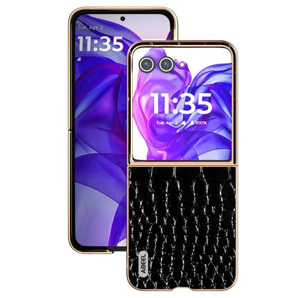 ABEEL For Motorola Razr 50 Ultra 5G Case Electroplating Edge Crocodile Texture Genuine Cow Leather Back Cover