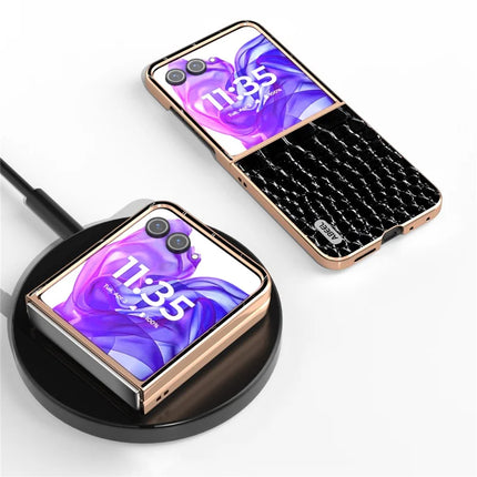 ABEEL For Motorola Razr 50 Ultra 5G Case Electroplating Edge Crocodile Texture Genuine Cow Leather Back Cover