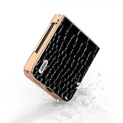 ABEEL For Motorola Razr 50 Ultra 5G Case Electroplating Edge Crocodile Texture Genuine Cow Leather Back Cover