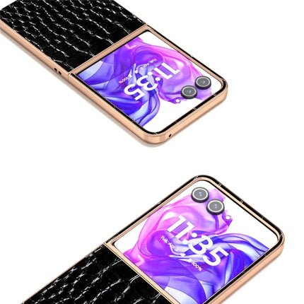 ABEEL For Motorola Razr 50 Ultra 5G Case Electroplating Edge Crocodile Texture Genuine Cow Leather Back Cover