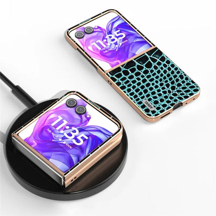 ABEEL For Motorola Razr 50 Ultra 5G Case Electroplating Edge Crocodile Texture Genuine Cow Leather Back Cover