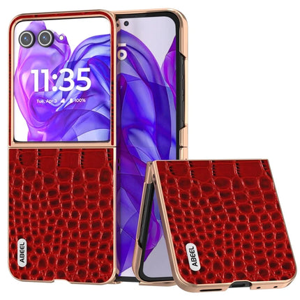 ABEEL For Motorola Razr 50 Ultra 5G Case Electroplating Edge Crocodile Texture Genuine Cow Leather Back Cover - Red