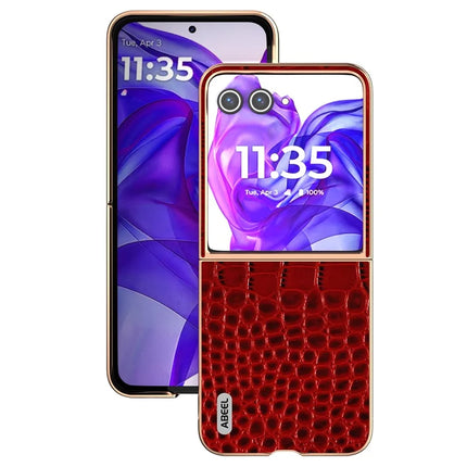ABEEL For Motorola Razr 50 Ultra 5G Case Electroplating Edge Crocodile Texture Genuine Cow Leather Back Cover