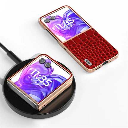 ABEEL For Motorola Razr 50 Ultra 5G Case Electroplating Edge Crocodile Texture Genuine Cow Leather Back Cover