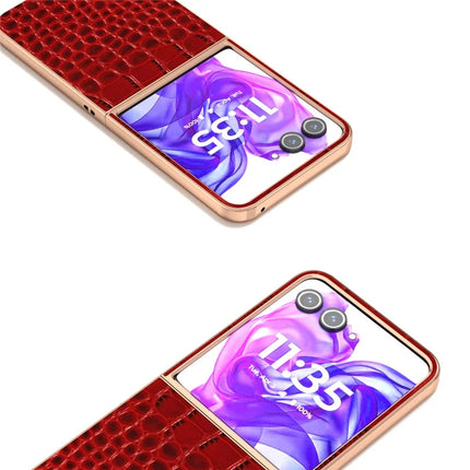 ABEEL For Motorola Razr 50 Ultra 5G Case Electroplating Edge Crocodile Texture Genuine Cow Leather Back Cover