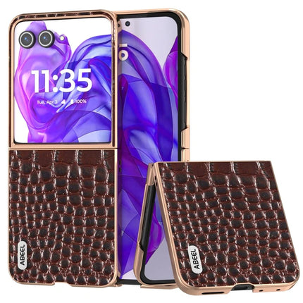 ABEEL For Motorola Razr 50 Ultra 5G Case Electroplating Edge Crocodile Texture Genuine Cow Leather Back Cover - Coffee