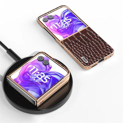 ABEEL For Motorola Razr 50 Ultra 5G Case Electroplating Edge Crocodile Texture Genuine Cow Leather Back Cover