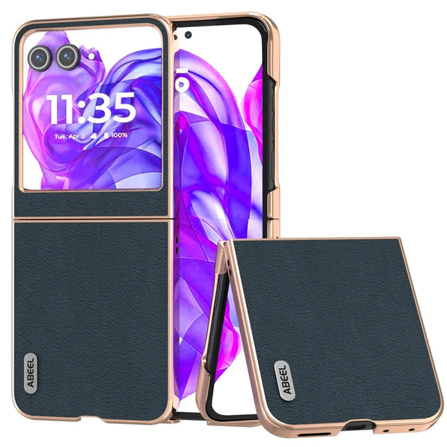 ABEEL For Motorola Razr 50 5G Case Electroplating Edge Genuine Cow Leather+PC Phone Cover - Green