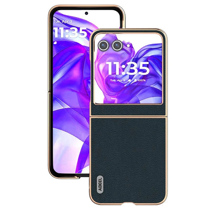 ABEEL For Motorola Razr 50 5G Case Electroplating Edge Genuine Cow Leather+PC Phone Cover