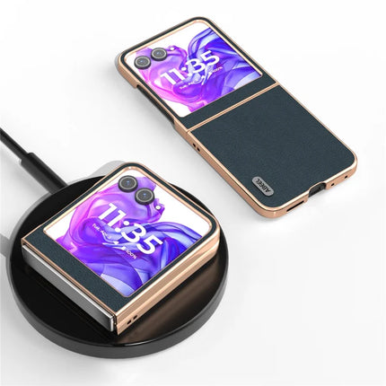 ABEEL For Motorola Razr 50 5G Case Electroplating Edge Genuine Cow Leather+PC Phone Cover