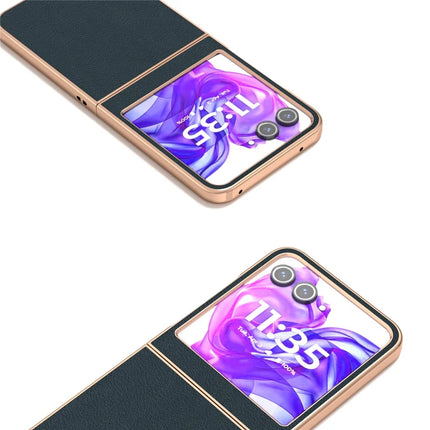 ABEEL For Motorola Razr 50 5G Case Electroplating Edge Genuine Cow Leather+PC Phone Cover