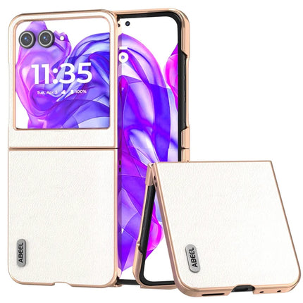 ABEEL For Motorola Razr 50 5G Case Electroplating Edge Genuine Cow Leather+PC Phone Cover - Grey