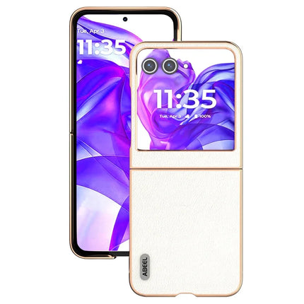 ABEEL For Motorola Razr 50 5G Case Electroplating Edge Genuine Cow Leather+PC Phone Cover