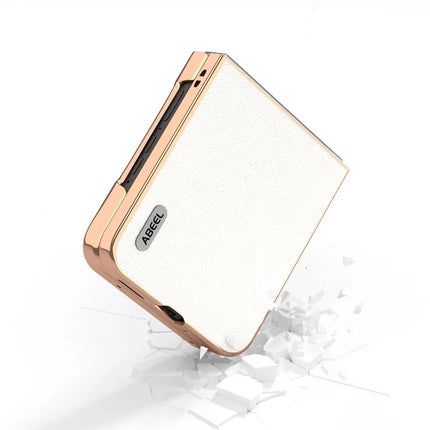 ABEEL For Motorola Razr 50 5G Case Electroplating Edge Genuine Cow Leather+PC Phone Cover