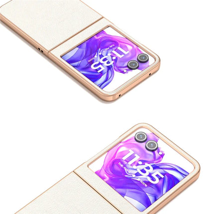 ABEEL For Motorola Razr 50 5G Case Electroplating Edge Genuine Cow Leather+PC Phone Cover