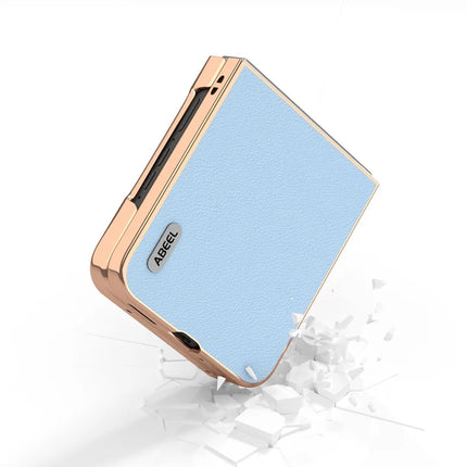 ABEEL For Motorola Razr 50 5G Case Electroplating Edge Genuine Cow Leather+PC Phone Cover