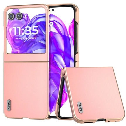 ABEEL For Motorola Razr 50 5G Case Electroplating Edge Genuine Cow Leather+PC Phone Cover - Pink