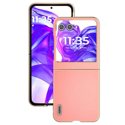 ABEEL For Motorola Razr 50 5G Case Electroplating Edge Genuine Cow Leather+PC Phone Cover
