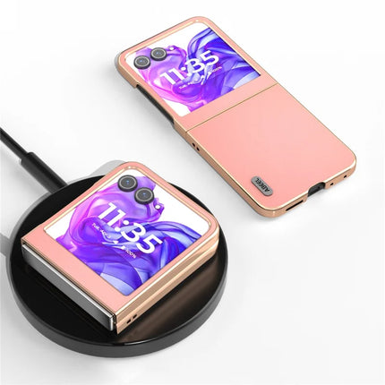 ABEEL For Motorola Razr 50 5G Case Electroplating Edge Genuine Cow Leather+PC Phone Cover