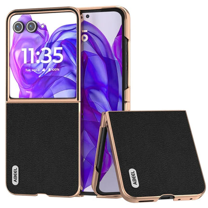 ABEEL For Motorola Razr 50 Ultra 5G Case Electroplating Edge Genuine Cow Leather+PC Phone Cover - Black