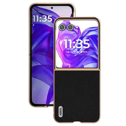 ABEEL For Motorola Razr 50 Ultra 5G Case Electroplating Edge Genuine Cow Leather+PC Phone Cover