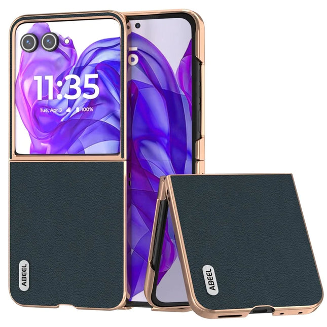 ABEEL For Motorola Razr 50 Ultra 5G Case Electroplating Edge Genuine Cow Leather+PC Phone Cover - Green