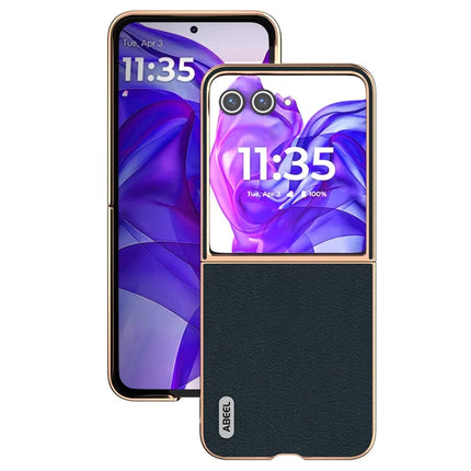 ABEEL For Motorola Razr 50 Ultra 5G Case Electroplating Edge Genuine Cow Leather+PC Phone Cover