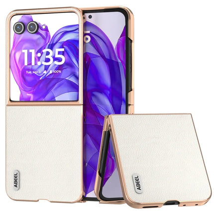 ABEEL For Motorola Razr 50 Ultra 5G Case Electroplating Edge Genuine Cow Leather+PC Phone Cover - Grey