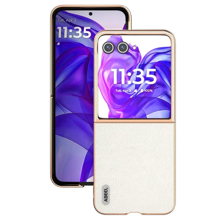 ABEEL For Motorola Razr 50 Ultra 5G Case Electroplating Edge Genuine Cow Leather+PC Phone Cover