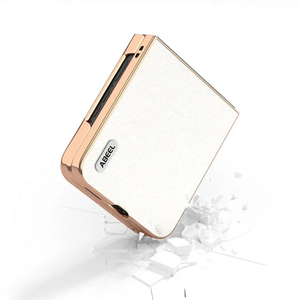 ABEEL For Motorola Razr 50 Ultra 5G Case Electroplating Edge Genuine Cow Leather+PC Phone Cover