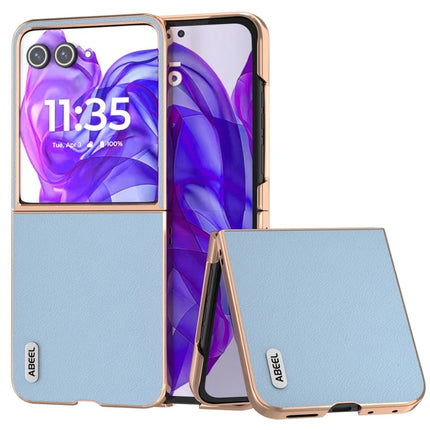 ABEEL For Motorola Razr 50 Ultra 5G Case Electroplating Edge Genuine Cow Leather+PC Phone Cover - Blue