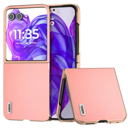 ABEEL For Motorola Razr 50 Ultra 5G Case Electroplating Edge Genuine Cow Leather+PC Phone Cover - Pink