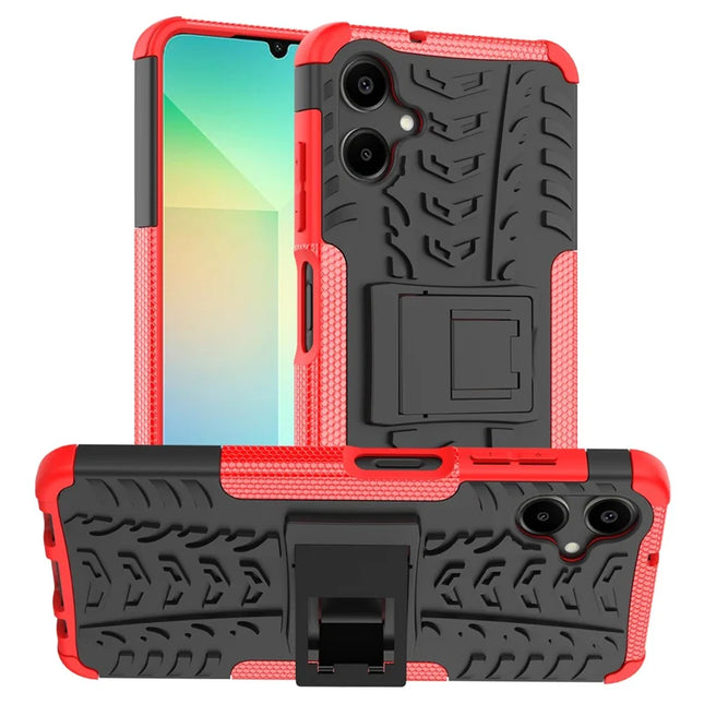 For Samsung Galaxy A06 Case PC+TPU Tyre Pattern Slim Phone Cover with Kickstand - Red