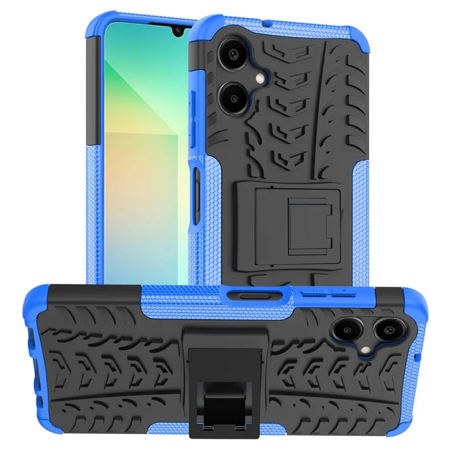 For Samsung Galaxy A06 Case PC+TPU Tyre Pattern Slim Phone Cover with Kickstand - Blue