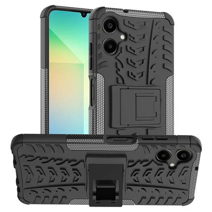 For Samsung Galaxy A06 Case PC+TPU Tyre Pattern Slim Phone Cover with Kickstand - Black
