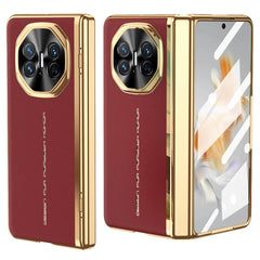 For Huawei Mate X3 5G Case PU Leather+PC Electroplating Phone Cover with Tempered Glass Screen Film - Red