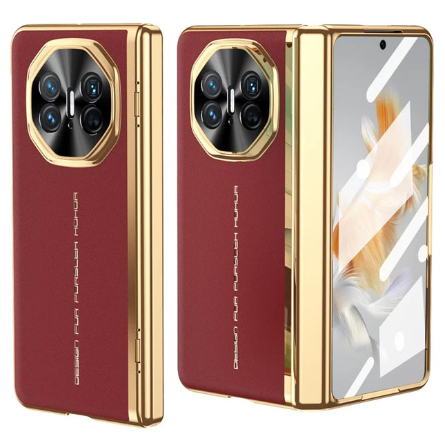 For Huawei Mate X3 5G Case PU Leather+PC Electroplating Phone Cover with Tempered Glass Screen Film - Red