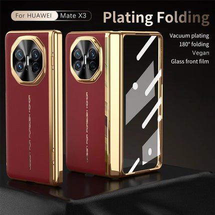 For Huawei Mate X3 5G Case PU Leather+PC Electroplating Phone Cover with Tempered Glass Screen Film