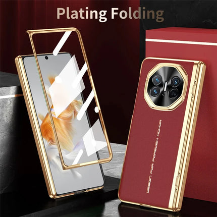 For Huawei Mate X3 5G Case PU Leather+PC Electroplating Phone Cover with Tempered Glass Screen Film