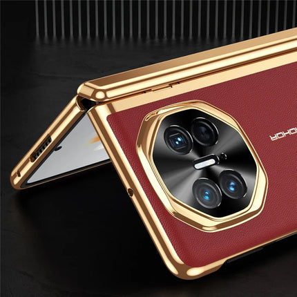 For Huawei Mate X3 5G Case PU Leather+PC Electroplating Phone Cover with Tempered Glass Screen Film