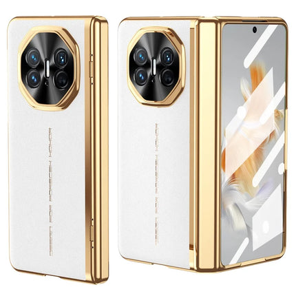 For Huawei Mate X3 5G Case PU Leather+PC Electroplating Phone Cover with Tempered Glass Screen Film - White