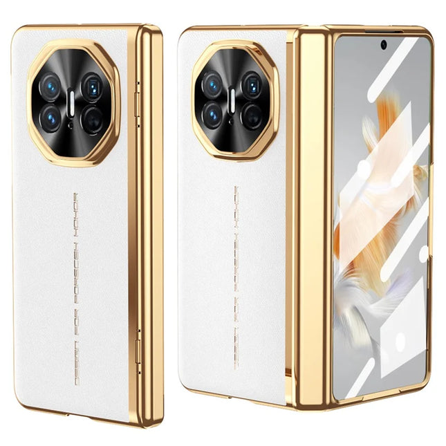 For Huawei Mate X3 5G Case PU Leather+PC Electroplating Phone Cover with Tempered Glass Screen Film - White